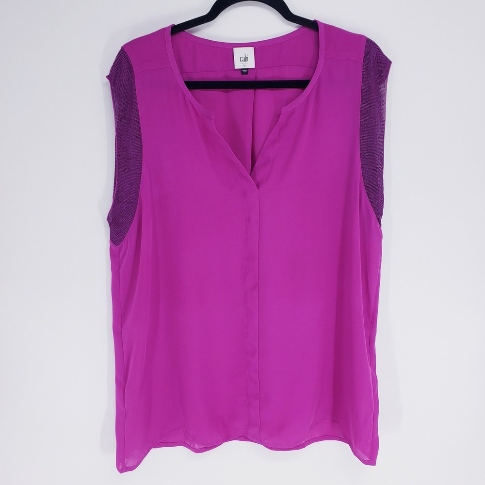 Cabi Magenta Pink Textured Trim Sleeveless V-Neck Blouse Women Size Large 5033